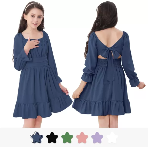 Zando Grils Dress 2024 Tie Back Dresses Long Sleeve Dress for Grils Off Shoulder Solid Color Dresses for Weddings 6-14 Years