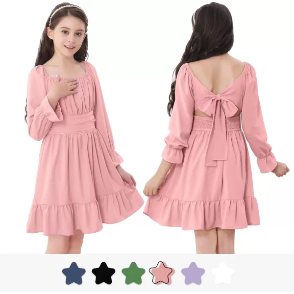 Zando Grils Dress 2024 Tie Back Dresses Long Sleeve Dress for Grils Off Shoulder Solid Color Dresses for Weddings 6-14 Years