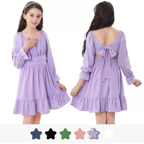 Zando Grils Dress 2024 Tie Back Dresses Long Sleeve Dress for Grils Off Shoulder Solid Color Dresses for Weddings 6-14 Years