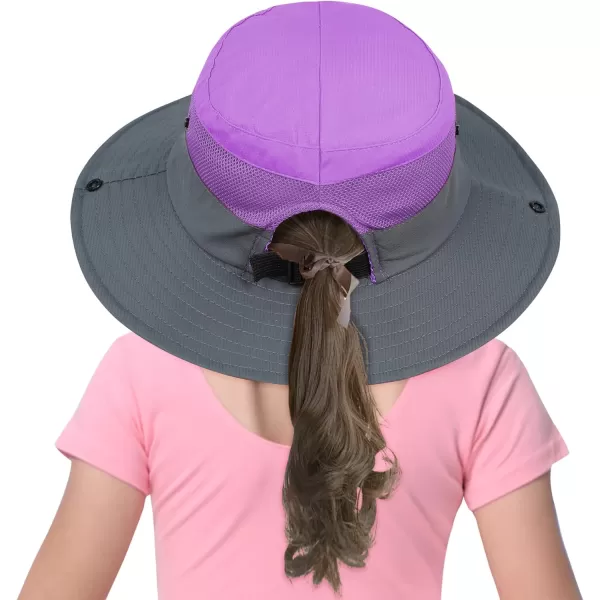 Zando Kids Bucket Hat Girls Sun Hat with Ponytail Hole UPF 50 Outdoor Hat Wide Brim Beach Summer Cap for Kids Ags 4-12
