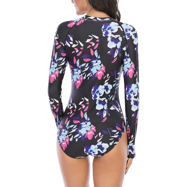 Zando Long Sleeve Swimsuit Women UPF 50+ One Piece for Womens Zip Floral Athletic Swim Wear Bathing Suit