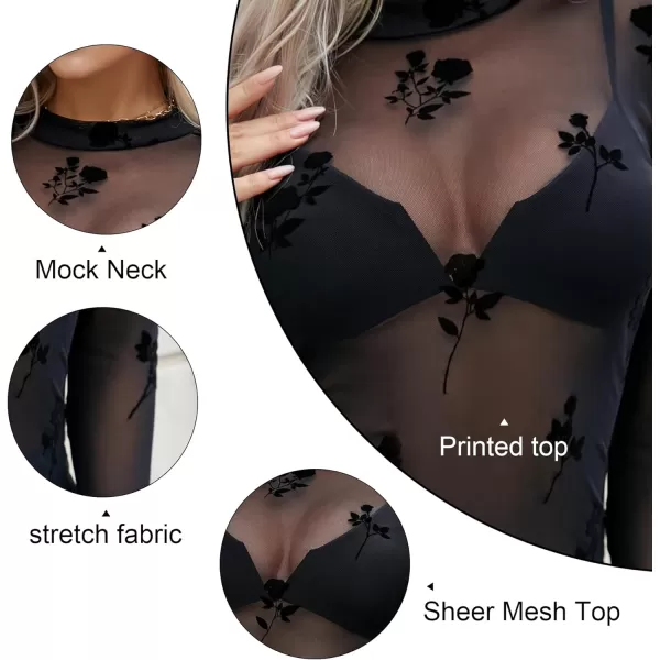 Zando Mesh Tops Women Long Sleeve Mock Neck Fitted Sexy Top See Through Tee Going Out Tops Blouse T-Shirt Clubwear