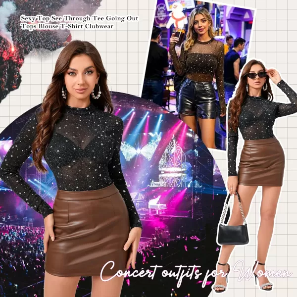 Zando Mesh Tops Women Long Sleeve Mock Neck Fitted Sexy Top See Through Tee Going Out Tops Blouse T-Shirt Clubwear