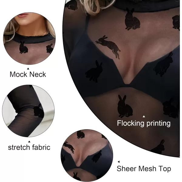 Zando Mesh Tops Women Long Sleeve Mock Neck Fitted Sexy Top See Through Tee Going Out Tops Blouse T-Shirt Clubwear