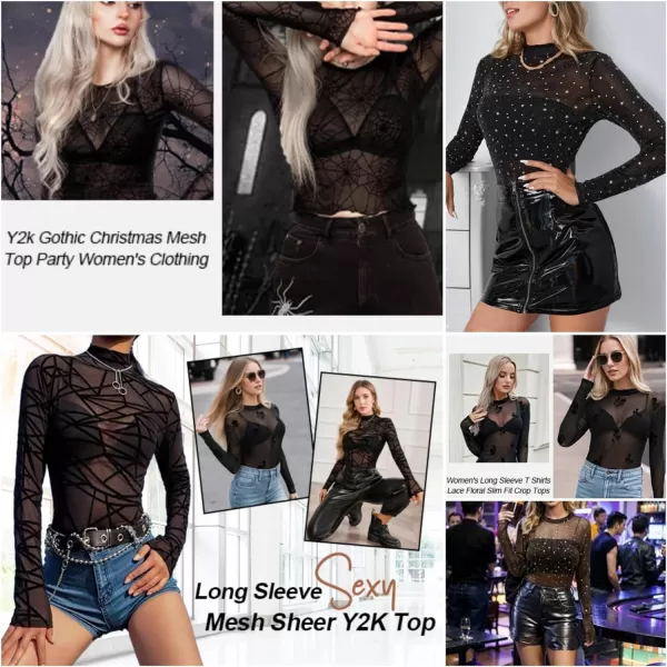 Zando Mesh Tops Women Long Sleeve Mock Neck Fitted Sexy Top See Through Tee Going Out Tops Blouse T-Shirt Clubwear