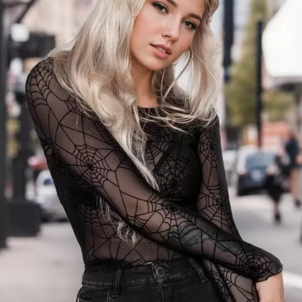 Zando Mesh Tops Women Long Sleeve Mock Neck Fitted Sexy Top See Through Tee Going Out Tops Blouse T-Shirt Clubwear