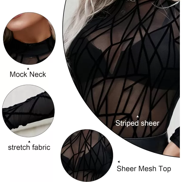 Zando Mesh Tops Women Long Sleeve Mock Neck Fitted Sexy Top See Through Tee Going Out Tops Blouse T-Shirt Clubwear