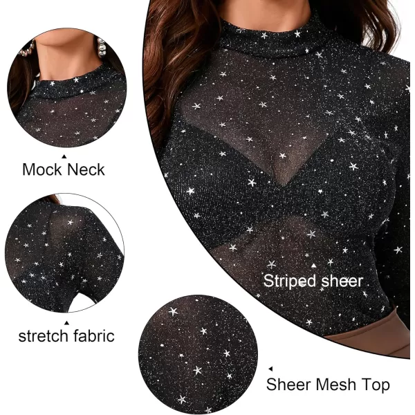 Zando Mesh Tops Women Long Sleeve Mock Neck Fitted Sexy Top See Through Tee Going Out Tops Blouse T-Shirt Clubwear