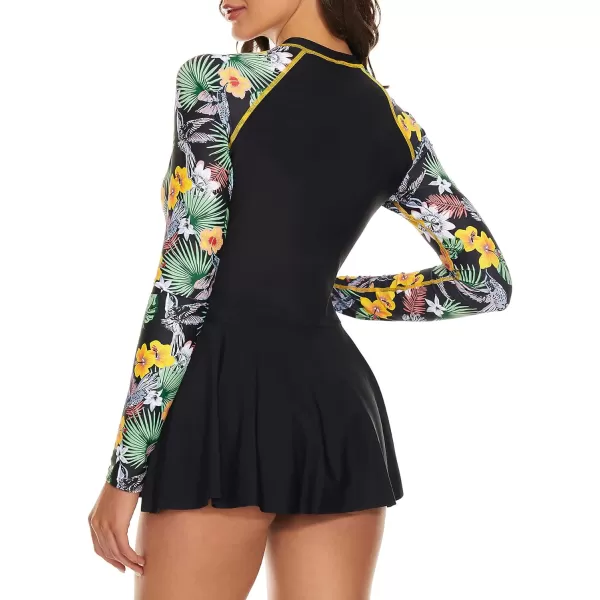 Zando Sexy One Piece Bathing Suit for Women Vintage Long Sleeve Swim Dresses Swimsuit Athletic Surfing Skirt Swimwear