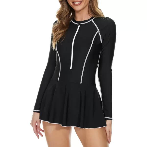 Zando Sexy One Piece Bathing Suit for Women Vintage Long Sleeve Swim Dresses Swimsuit Athletic Surfing Skirt Swimwear