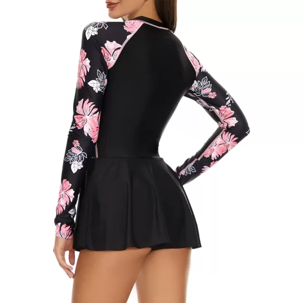 Zando Sexy One Piece Bathing Suit for Women Vintage Long Sleeve Swim Dresses Swimsuit Athletic Surfing Skirt Swimwear