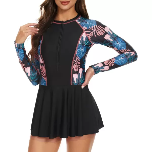 Zando Sexy One Piece Bathing Suit for Women Vintage Long Sleeve Swim Dresses Swimsuit Athletic Surfing Skirt Swimwear