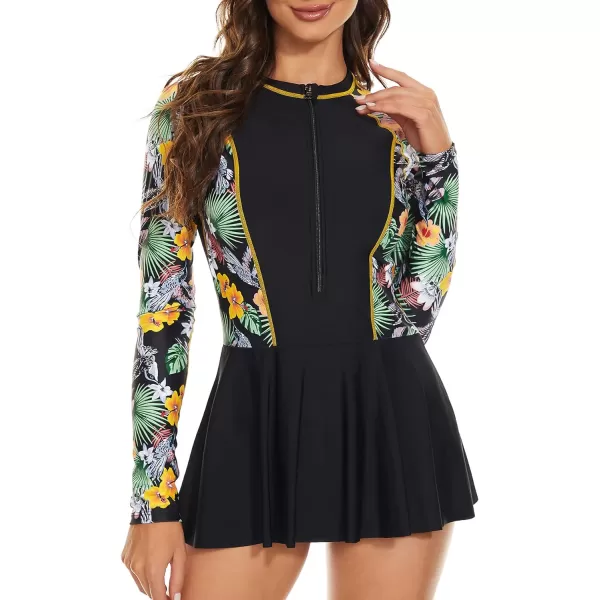 Zando Sexy One Piece Bathing Suit for Women Vintage Long Sleeve Swim Dresses Swimsuit Athletic Surfing Skirt Swimwear