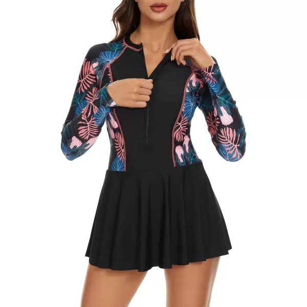 Zando Sexy One Piece Bathing Suit for Women Vintage Long Sleeve Swim Dresses Swimsuit Athletic Surfing Skirt Swimwear