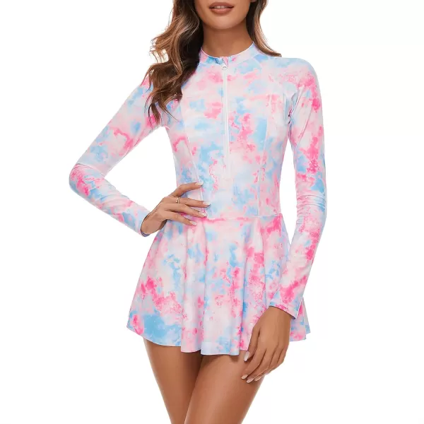 Zando Sexy One Piece Bathing Suit for Women Vintage Long Sleeve Swim Dresses Swimsuit Athletic Surfing Skirt Swimwear