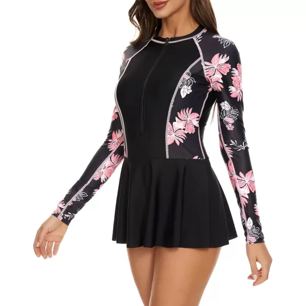 Zando Sexy One Piece Bathing Suit for Women Vintage Long Sleeve Swim Dresses Swimsuit Athletic Surfing Skirt Swimwear