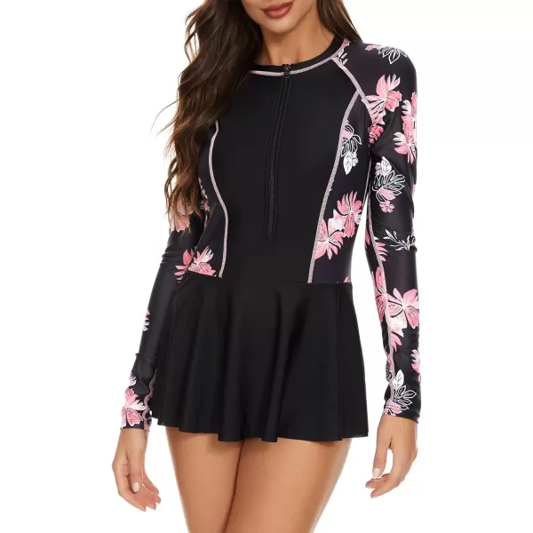 Zando Sexy One Piece Bathing Suit for Women Vintage Long Sleeve Swim Dresses Swimsuit Athletic Surfing Skirt Swimwear