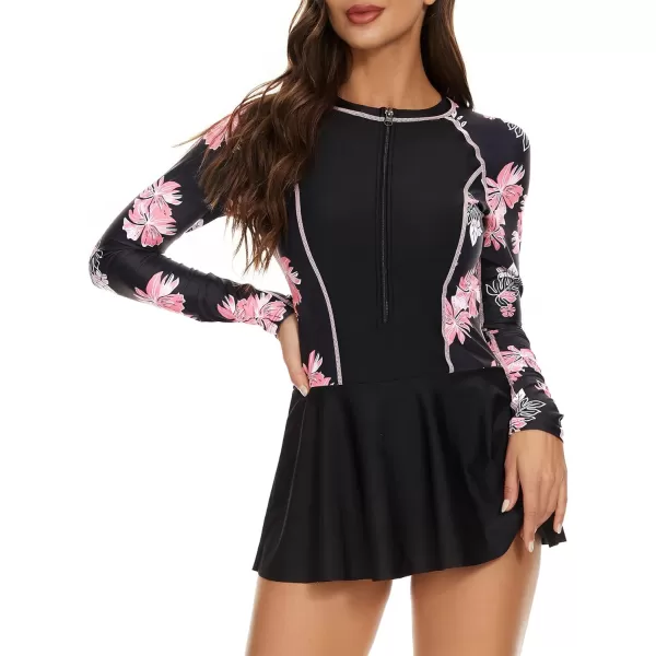 Zando Sexy One Piece Bathing Suit for Women Vintage Long Sleeve Swim Dresses Swimsuit Athletic Surfing Skirt Swimwear
