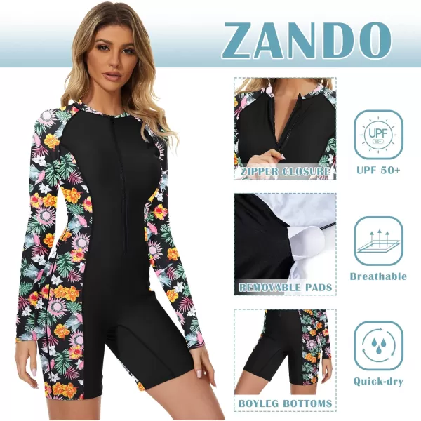 Zando UPF 50+ Long Sleeve Bathing Suit for Women Rash Guard Swimsuit Women One Piece Boyleg Surfing Shirts Rashguard