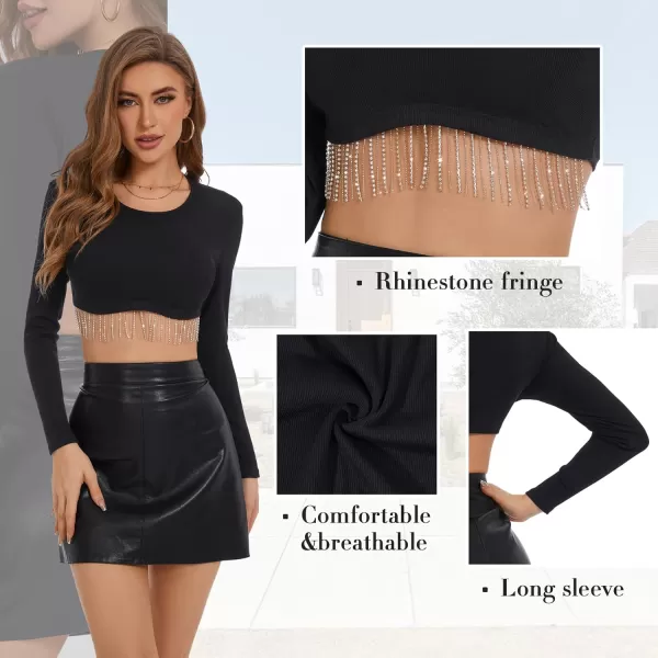 Zando Women Fringe Rhinestone Top Sparkly Sexy Concert Outfit Crop Tank Top Long Sleeve Round Neck Fitted Tees