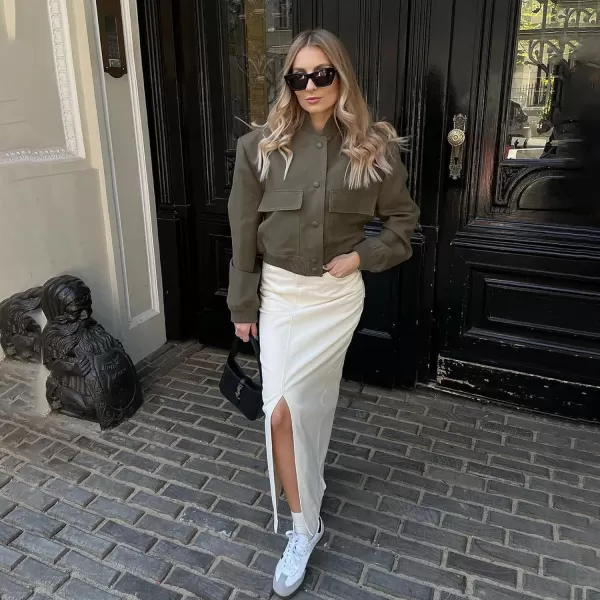 Zando Womens Bomber Jacket Button Down Short Cropped Jackets Long Sleeve Baseball Varsity Jacket Casual Jackets with Pockets