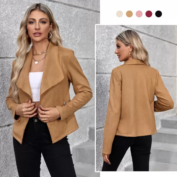 Zando Womens Faux Suede Jacket Open Front Womens Bomber Cropped Jacket with Pockets Outwear Long Sleeve Fashion Biker Jacket
