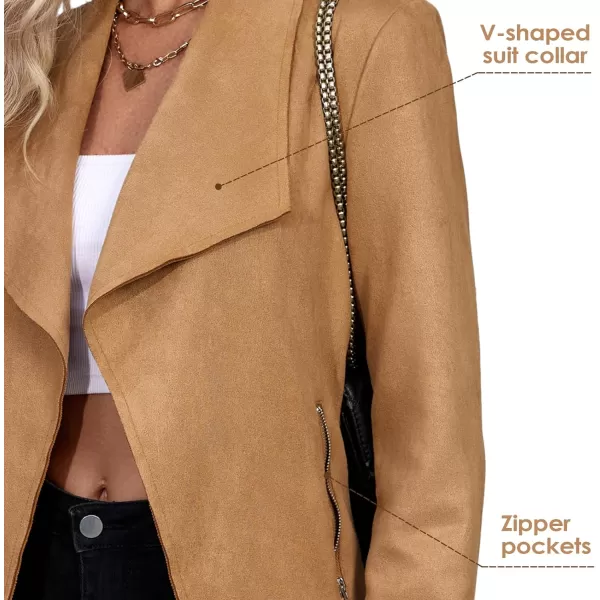 Zando Womens Faux Suede Jacket Open Front Womens Bomber Cropped Jacket with Pockets Outwear Long Sleeve Fashion Biker Jacket