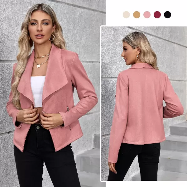 Zando Womens Faux Suede Jacket Open Front Womens Bomber Cropped Jacket with Pockets Outwear Long Sleeve Fashion Biker Jacket