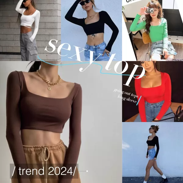 Zando Women's Long Sleeve Crop Top Sexy Square Neck Y2K Going Out Tops for Women Bodycon Fitted Basic T-Shirt Crop Top