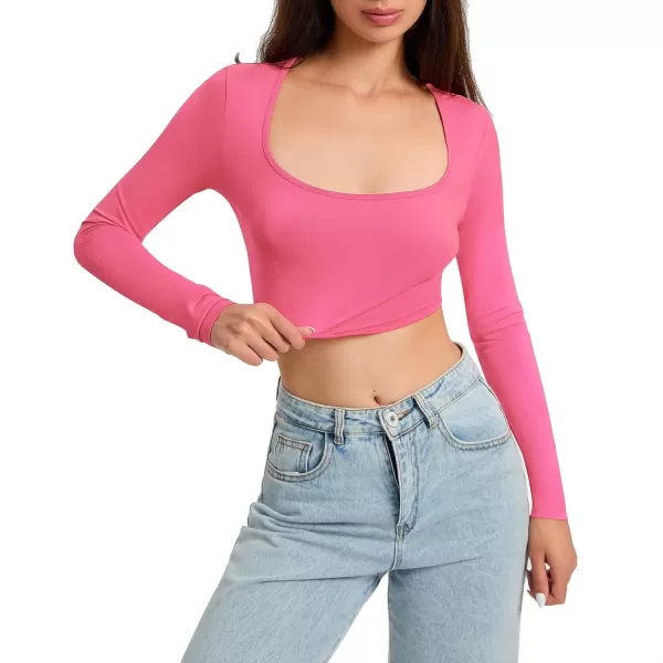 Zando Women's Long Sleeve Crop Top Sexy Square Neck Y2K Going Out Tops for Women Bodycon Fitted Basic T-Shirt Crop Top