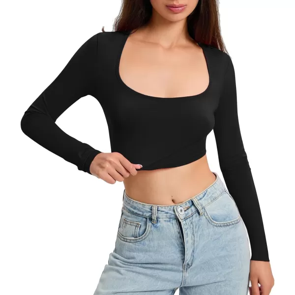 Zando Women's Long Sleeve Crop Top Sexy Square Neck Y2K Going Out Tops for Women Bodycon Fitted Basic T-Shirt Crop Top