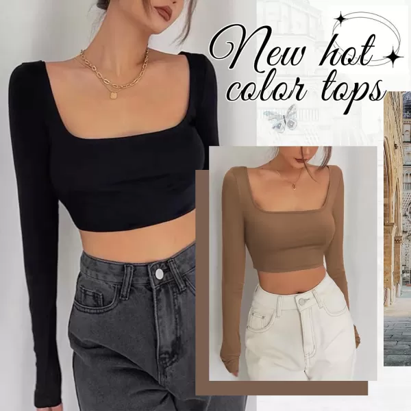 Zando Women's Long Sleeve Crop Top Sexy Square Neck Y2K Going Out Tops for Women Bodycon Fitted Basic T-Shirt Crop Top