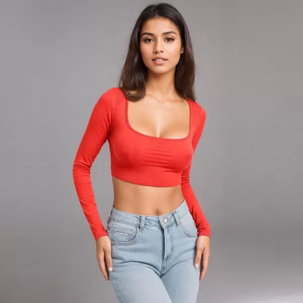 Zando Women's Long Sleeve Crop Top Sexy Square Neck Y2K Going Out Tops for Women Bodycon Fitted Basic T-Shirt Crop Top