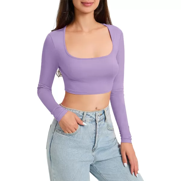 Zando Women's Long Sleeve Crop Top Sexy Square Neck Y2K Going Out Tops for Women Bodycon Fitted Basic T-Shirt Crop Top