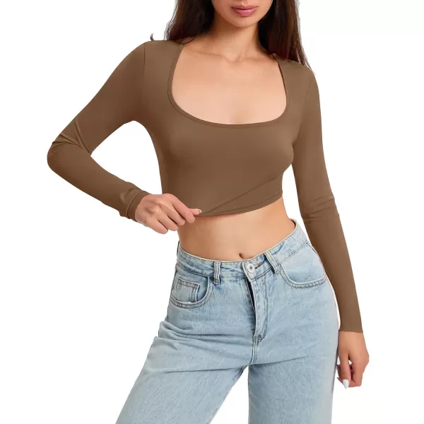 Zando Women's Long Sleeve Crop Top Sexy Square Neck Y2K Going Out Tops for Women Bodycon Fitted Basic T-Shirt Crop Top