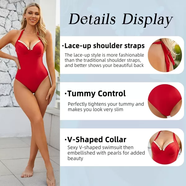 Zando Womens Pearl V Neck One Piece Swimsuit Women Tummy Control Bathing Suit for Women Sexy Lace up Halter 1 Piece Swim Suit