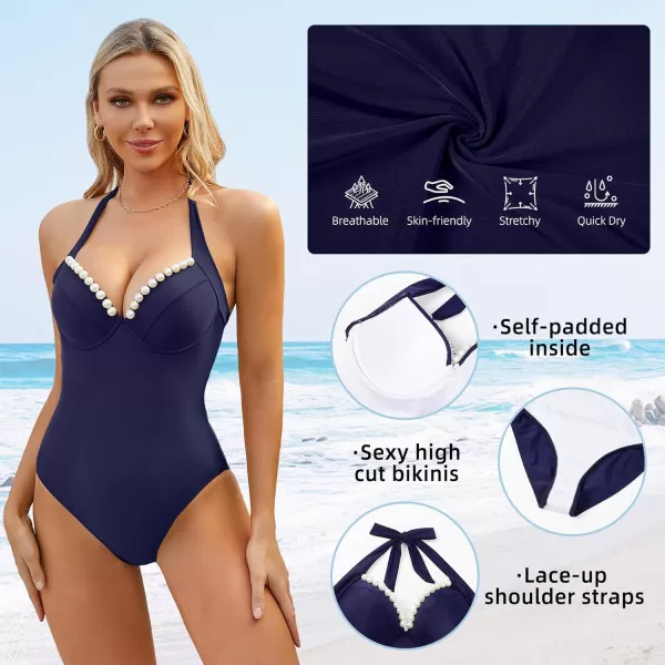 Zando Womens Pearl V Neck One Piece Swimsuit Women Tummy Control Bathing Suit for Women Sexy Lace up Halter 1 Piece Swim Suit