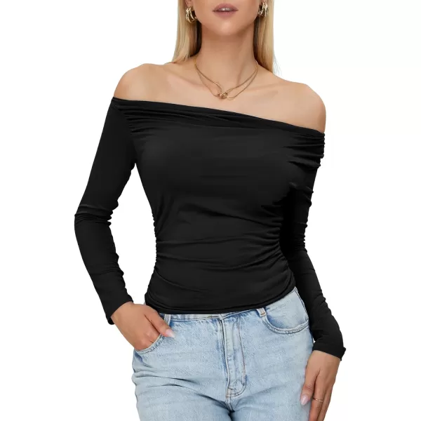 Zando Women's Sexy Off The Shoulder Top Casual Off Shoulder Long Sleeve Top Slim Fit Long Sleeve Going Out Tops