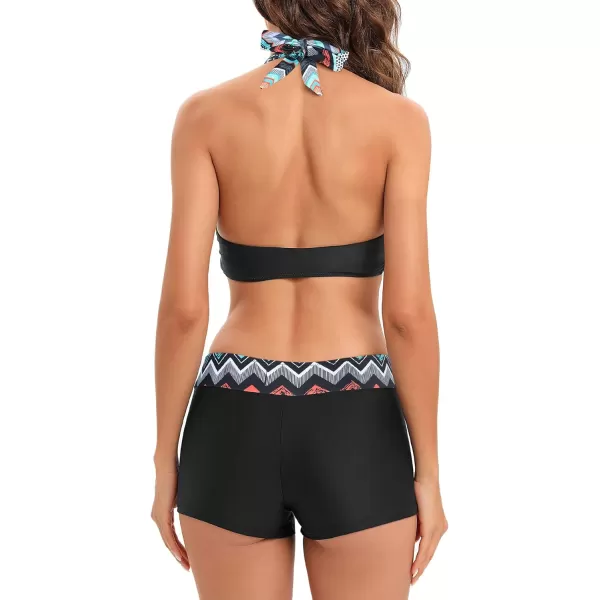 Zando Women's Two Piece Halter Swimsuit Athletic Push Up Bikini Set Swimwear with Boyshorts Sporty V Neck Bathing Suit
