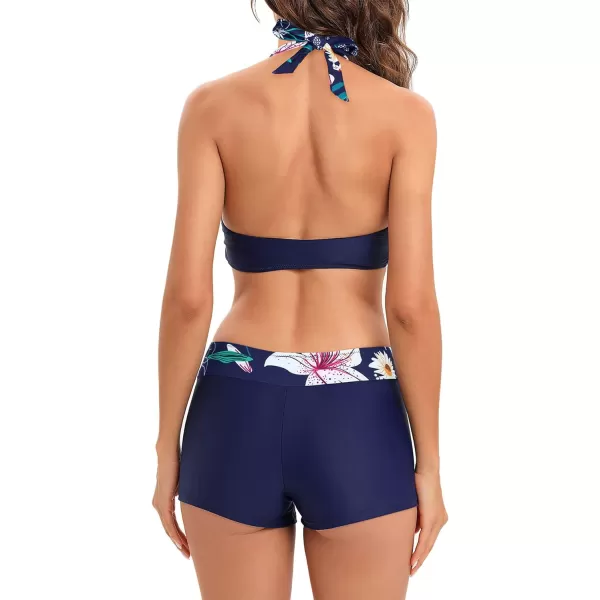 Zando Women's Two Piece Halter Swimsuit Athletic Push Up Bikini Set Swimwear with Boyshorts Sporty V Neck Bathing Suit