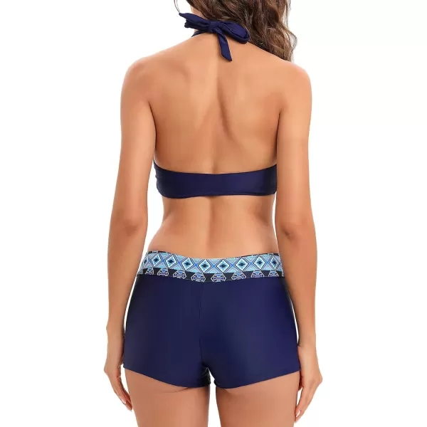 Zando Women's Two Piece Halter Swimsuit Athletic Push Up Bikini Set Swimwear with Boyshorts Sporty V Neck Bathing Suit