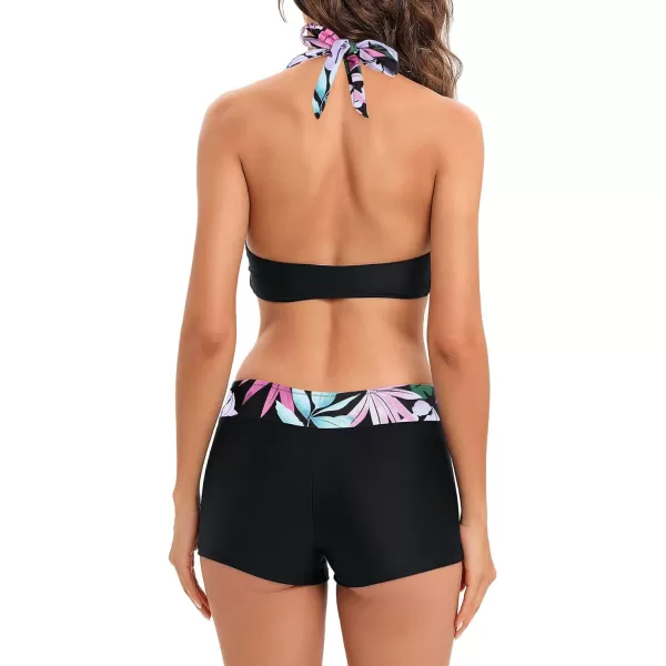 Zando Women's Two Piece Halter Swimsuit Athletic Push Up Bikini Set Swimwear with Boyshorts Sporty V Neck Bathing Suit
