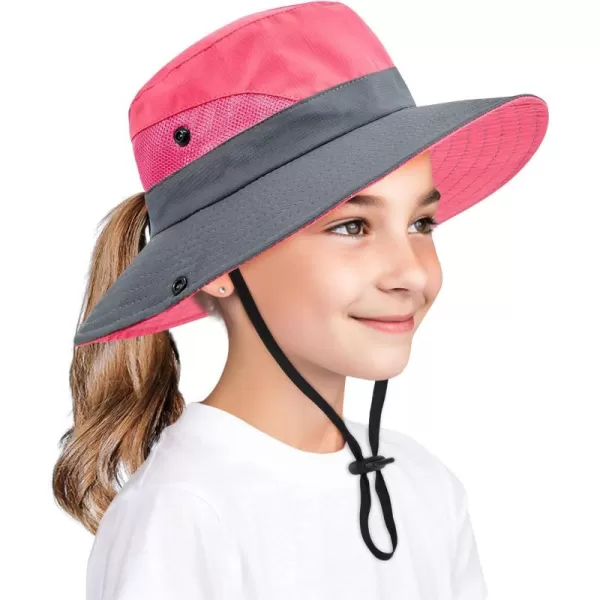 Zando Kids Bucket Hat Girls Sun Hat with Ponytail Hole UPF 50 Outdoor Hat Wide Brim Beach Summer Cap for Kids Ags 4-12