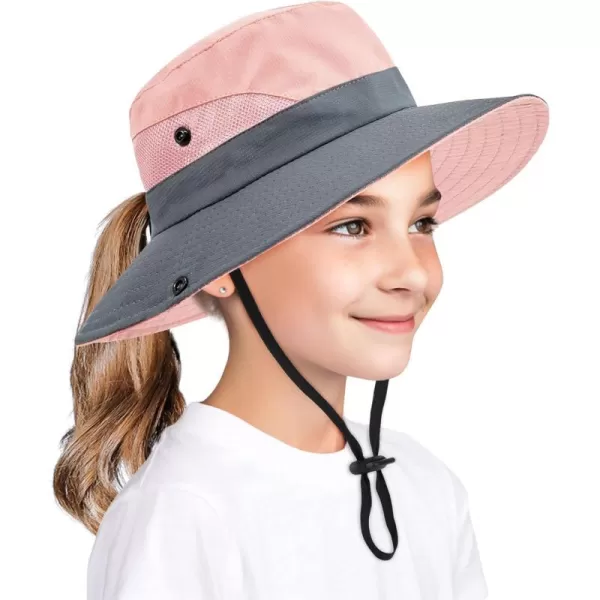 Zando Kids Bucket Hat Girls Sun Hat with Ponytail Hole UPF 50 Outdoor Hat Wide Brim Beach Summer Cap for Kids Ags 4-12