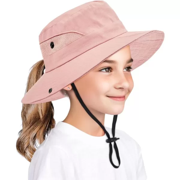 Zando Kids Sun Hat Ponytail Hole Wide Brim Bucket Hats for Kids UPF 50+ Sun Protection Hats Girls Summer Fishing Hat Ages 4-8