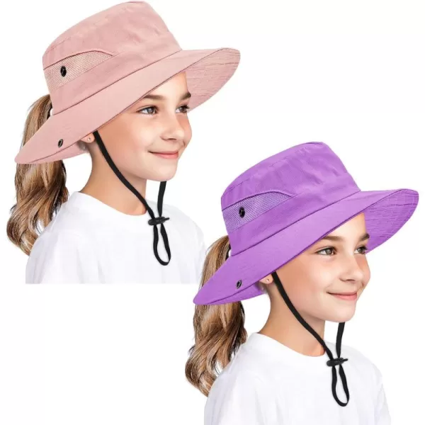 Zando Kids Sun Hat Ponytail Hole Wide Brim Bucket Hats for Kids UPF 50+ Sun Protection Hats Girls Summer Fishing Hat Ages 4-8