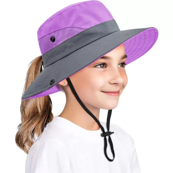 Zando Kids Sun Hat Ponytail Hole Wide Brim Bucket Hats for Kids UPF 50+ Sun Protection Hats Girls Summer Fishing Hat Ages 4-8