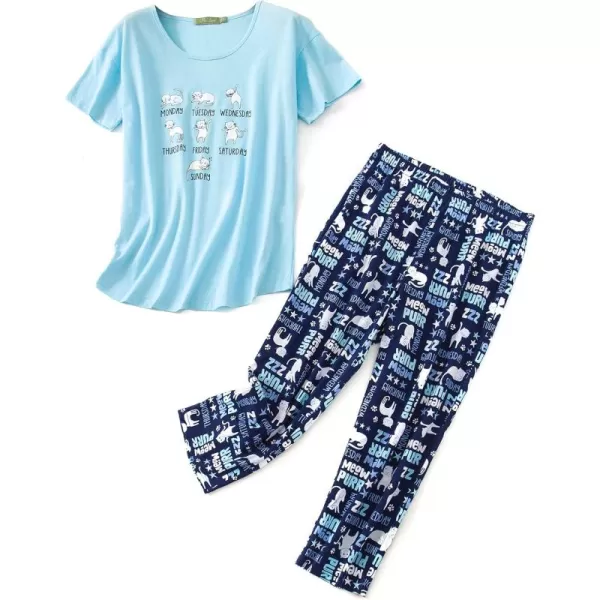 Zando Pajamas for Women 2 Piece Lounge Sets Cartoon Pajama Set Sleep Matching Sets with Pants Capri PJS Print Sleepwear