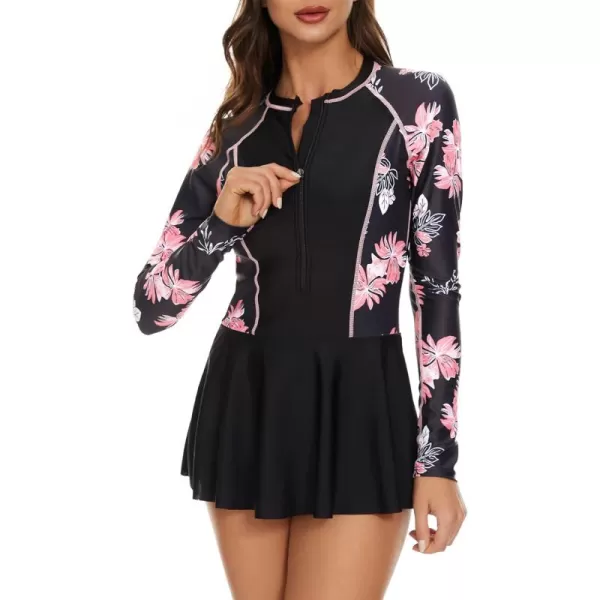 Zando Sexy One Piece Bathing Suit for Women Vintage Long Sleeve Swim Dresses Swimsuit Athletic Surfing Skirt Swimwear