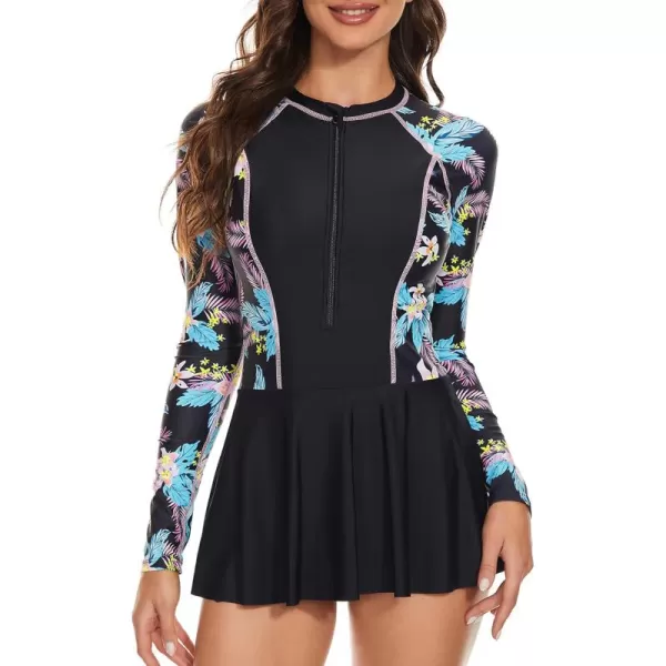 Zando Sexy One Piece Bathing Suit for Women Vintage Long Sleeve Swim Dresses Swimsuit Athletic Surfing Skirt Swimwear